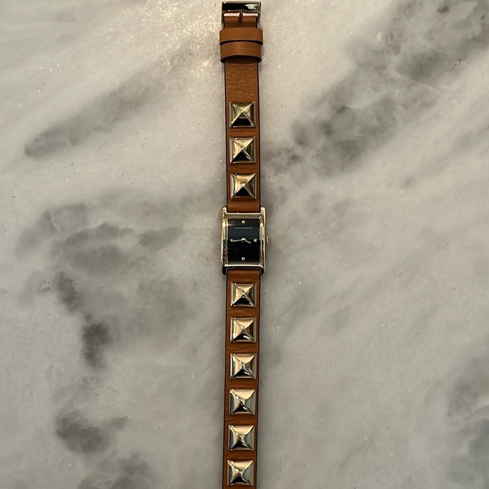 Rebecca Minkoff wrap watch, brown leather, silver studs